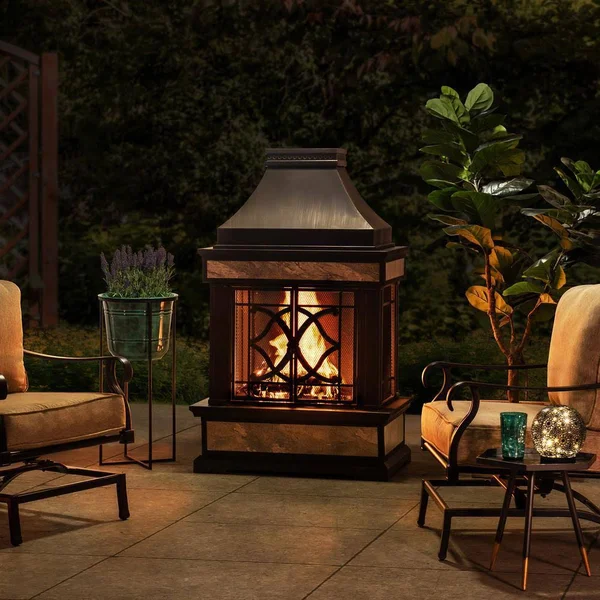 Sunjoy Curtis 56.69 in. Wood Burning Outdoor Fireplace with Black Highlights