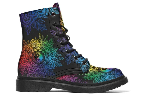 Colorful Yin Yang Boots, Black Mandala Vegan Boots, YesWeVibe Men's Boots, Black Sole, US 3, EU35