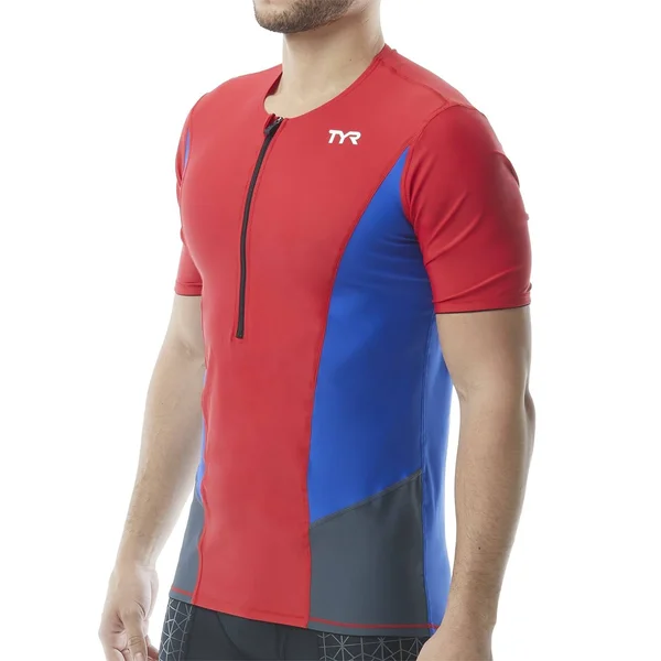 TYR Tsscom6a Men's Competitor Short Sleeve Top - Red/Blue/Grey - M