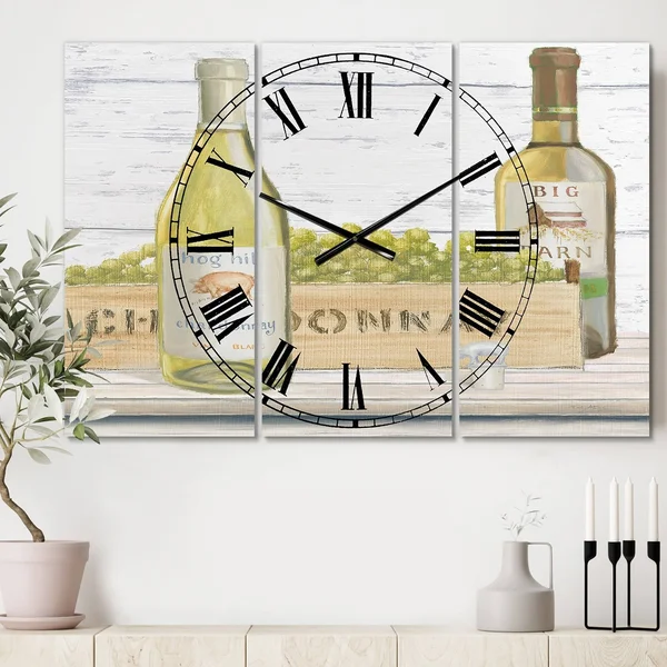 Designart 'White Chardonnay Wine Bottles' Farmhouse Wall Clock - Size: 28 inch x 36 inch, Yellow