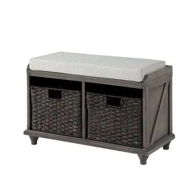 Homes Collection Wood Storage Bench with 2 Woven Baskets - Grey Alcott Hill Color: Gray