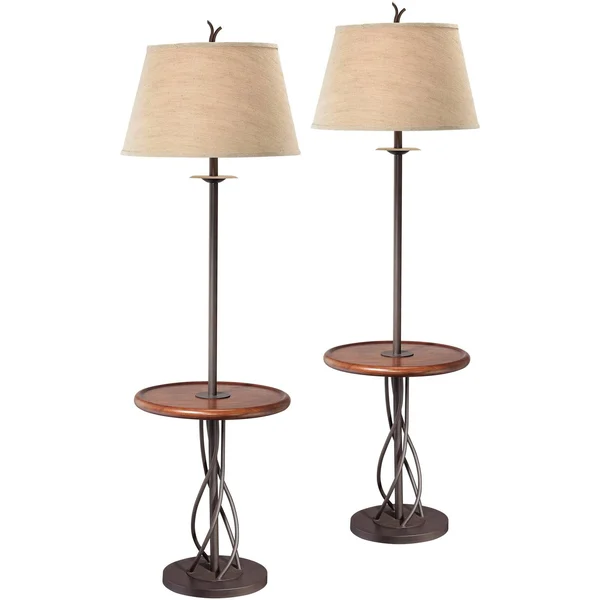 Iron Twist Base Wood Tray Table Floor Lamps Set of 2