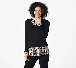 Belle by Kim Gravel Layered FeatherKnit Sweater & Woven Combo, Size X-Large, Black/Snake