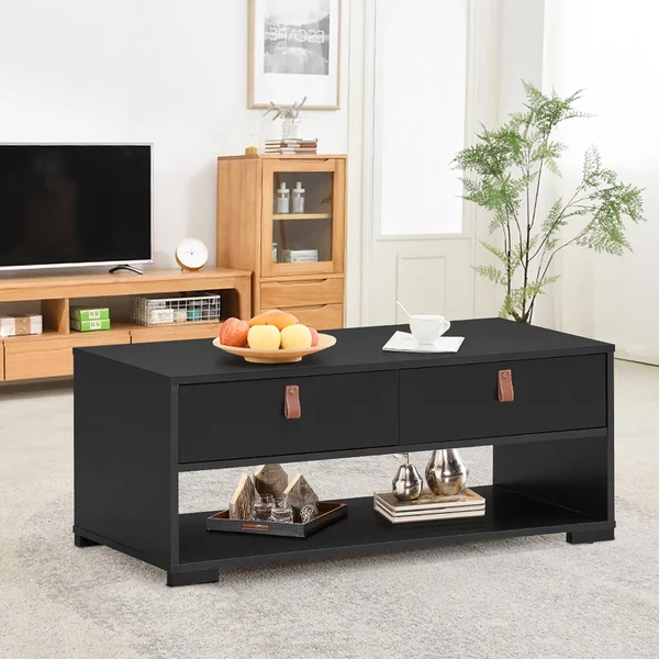Costway Coffee Table Wood Accent Cocktail Table w/ 2 Drawers & Open Storage Shelf Black