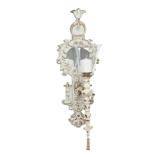 Monroe Lane 17 in x 24 in Large Vintage Distressed White Metal & Wood Wall Sconce with 2 Candle Lanterns - White