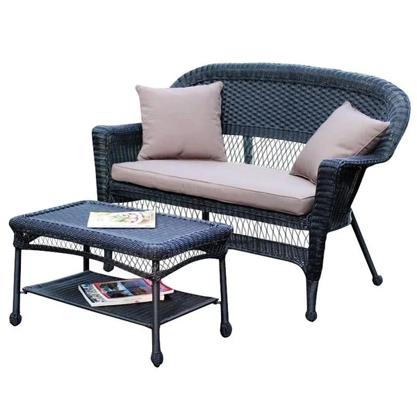 Jeco W00207-LCS007 Black Wicker Patio Love Seat and Coffee Table Set with Brown Cushion