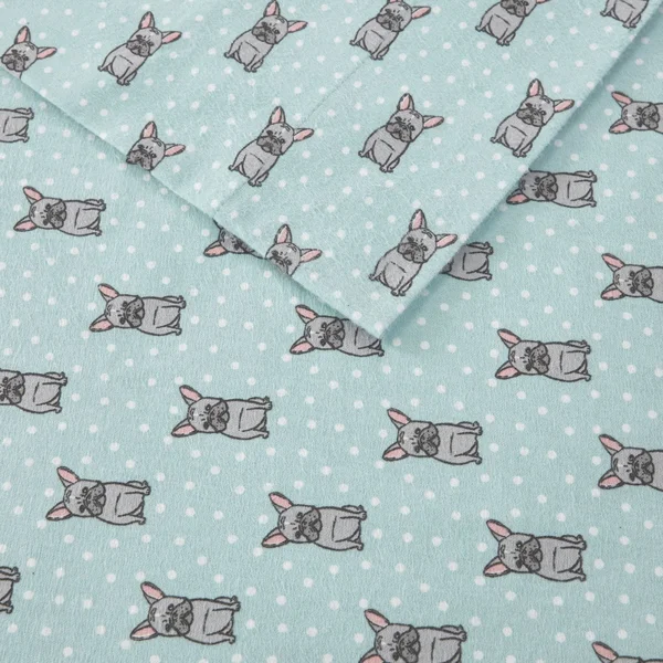 True North by Sleep Philosophy Cozy Flannel Sheet Set Aqua French Bulldog, Cal King