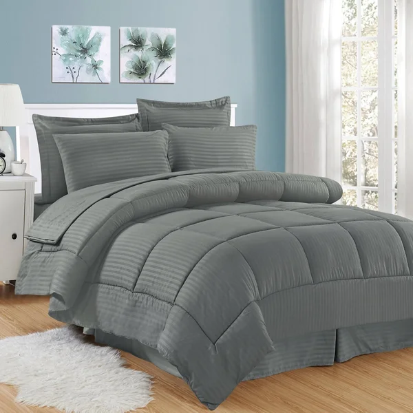 Soft Dobby 8-Piece Striped Down Alternative Bed-in-a-Bag Set w/ Sheets - White - Queen