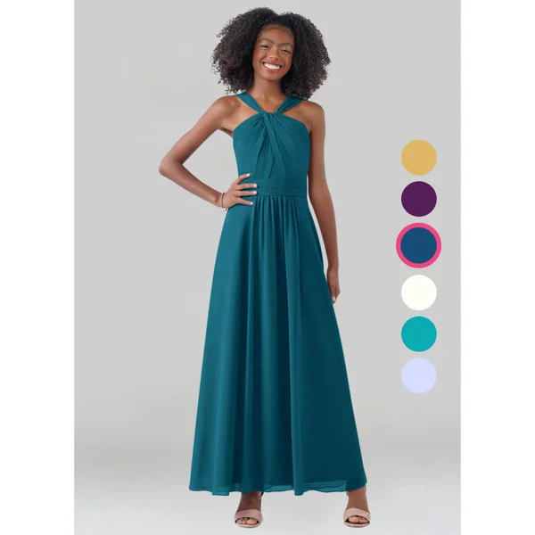 Azazie A-Line/Princess V-Neck Ankle-Length Chiffon Junior Bridesmaid Dresses - Ink Blue