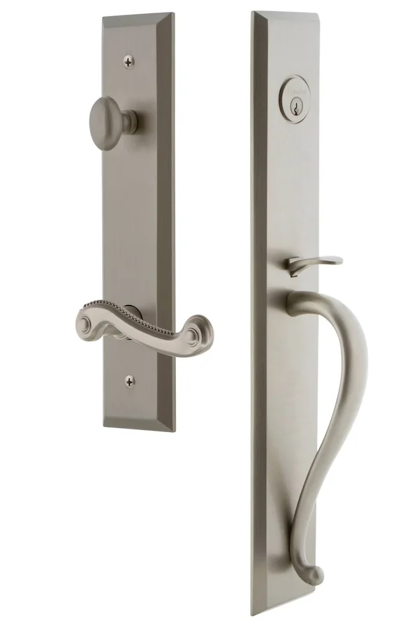Complete Inactive Fifth Avenue Dummy Handleset with Newport Lever and Rosette Grandeur Finish: Satin Nickel - Handle Orientation