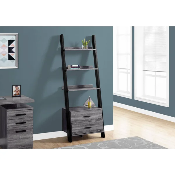 69x22 Gray and Black Contemporary Four Shelves Rectangular Ladder Bookcase