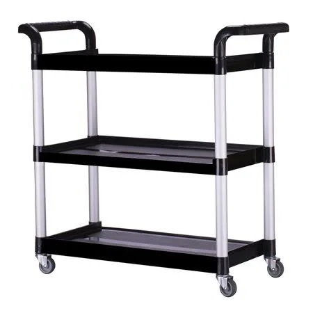 Heavy Duty 3-Shelf Rolling Service - Utility, Push Cart, 390 lbs. Capacity, Black, for Foodservice, Restaurant, Cleaning