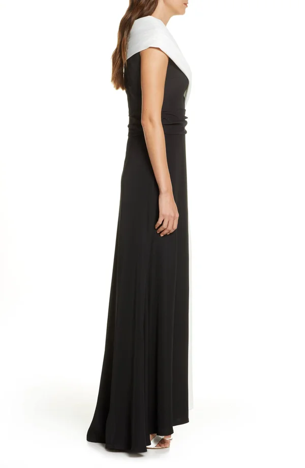 Tadashi Shoji Portrait Collar Color Blocked Crepe Gown - 18