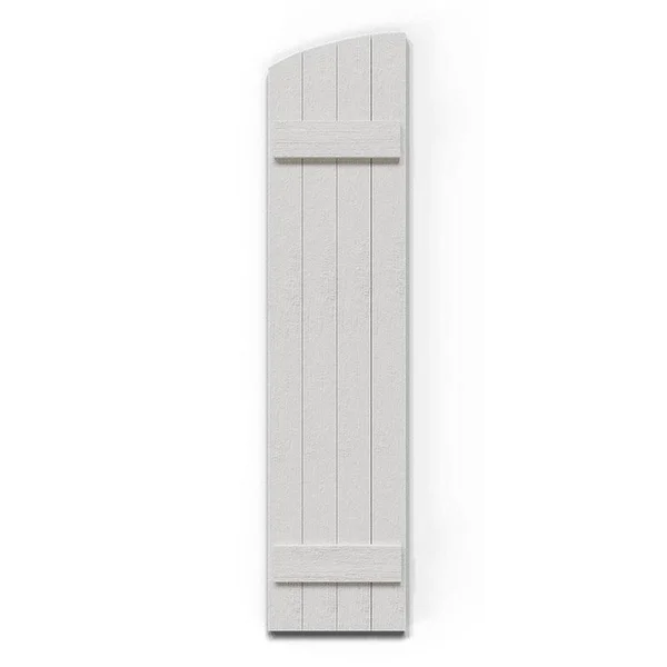 21 1/2 inchw x 74 inchh (66 5/8 inch Low Side) Rustic Four Board Joined Board-n-Batten Faux Wood Shutters w/Elliptical Arch Top