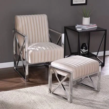 Southern Enterprises Ellileigh Velveteen Accent Chair and Ottoman 2 Piece Set Champagne w/ Chrome