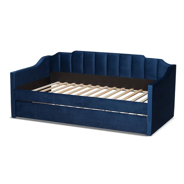 Baxton Studio Lennon Modern and Contemporary Navy Blue Velvet Fabric Upholstered Twin Size Daybed with Trundle