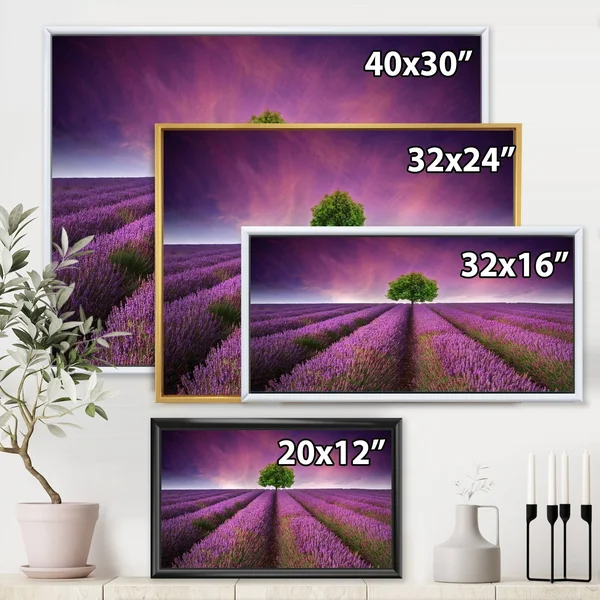 Designart 'Stunning Lavender Field Summer Sunset with Tree' Farmhouse Framed Canvas Wall Art Print - 40 in. Wide x 30 in. High
