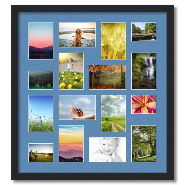 Collage Picture Frame - Satin Black Frame with 16 openings for 4x6 Photos with Liberty Blue Mat. D3926FG187, ArtToFrames