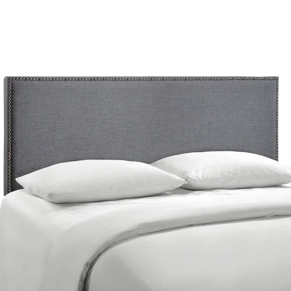 Modern Contemporary Queen Size Nailhead Upholstered Headboard, Grey Fabric