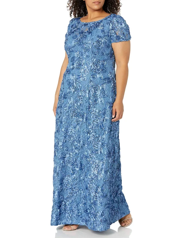 Alex Evenings Plus Size Floral Rosette Short Sleeve A-Line Gown - 16W