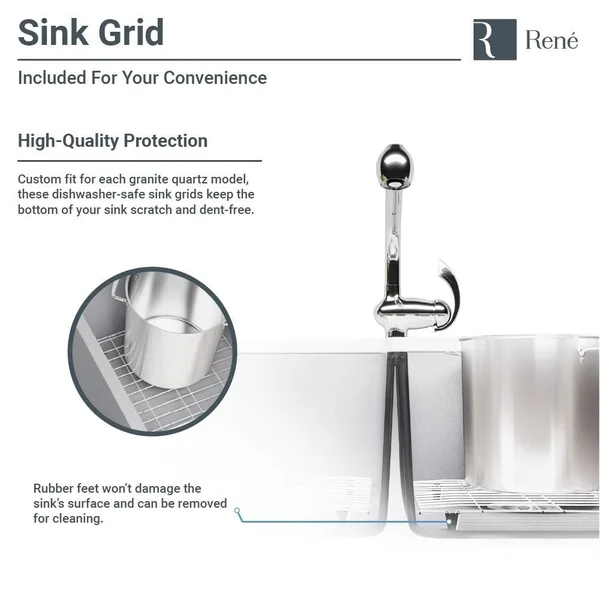 Rene R3-1008-PWT-ST-CGS Pewter Double Offset Bowl Low Divide Undermount Composite Granite Sink with Two Grids and Two Matching C