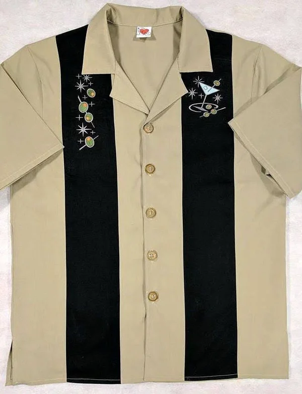 Mens Bowling Shirt, Cocktail, Martini, Lounge Lizard, Retro, Rockabilly, Embroidered