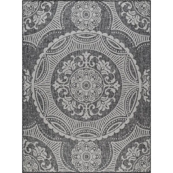 Beverly Rug Waikiki Collection Indoor/Outdoor Medallion Area Rug- Dark Grey, Light Grey - WKK20609 - 7&10x22 x10&0x22
