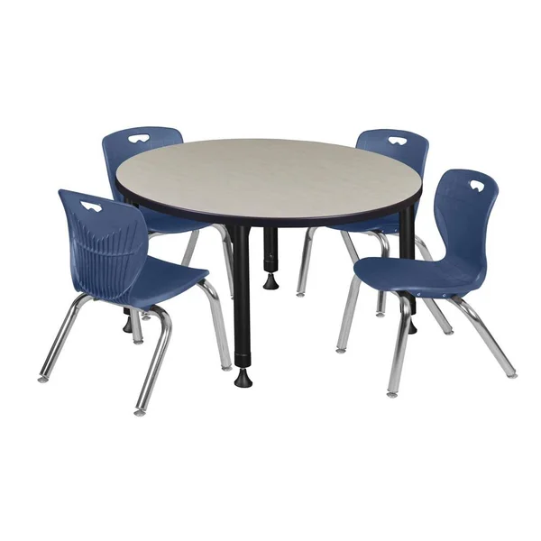 Regency Kee 42x22 Round Height Adjustable Classroom Table - Maple & 4 Andy 12-in Stack Chairs- Navy Blue