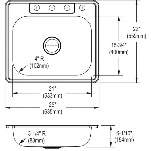Glacier Bay Drop-In Kitchen Sink 25 in. 4-Hole Single Bowl Stainless Steel