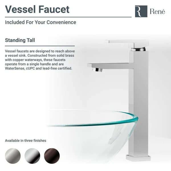 Rene R5-5008-R9-7003-C Foil Undertone Glass Vessel Sink with Chrome Vessel Faucet, Sink Ring, and Vessel Pop-Up Drain