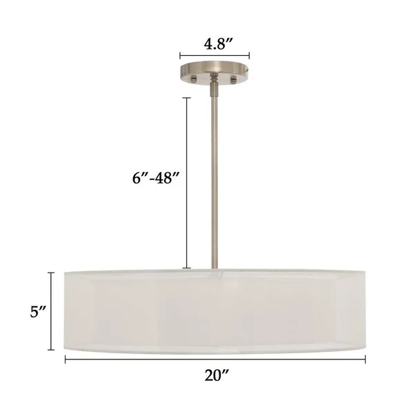 3-Light Brushed Nickel Double Drum Pendant with Outer Organza Shade