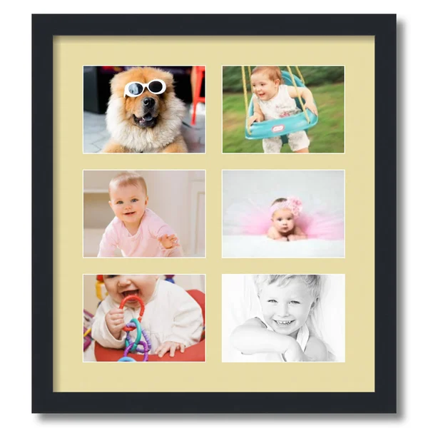 Collage Picture Frame - Satin Black Frame with 6 openings for 5x7 Photos with Ivory Buttercup Mat. D3926GD86, ArtToFrames