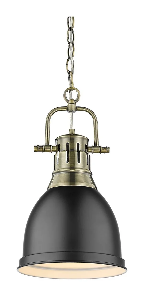 Golden Lighting 3602-S AB-BLK Duncan Small Pendant Light with Chain & Matte Black Shade Aged Brass