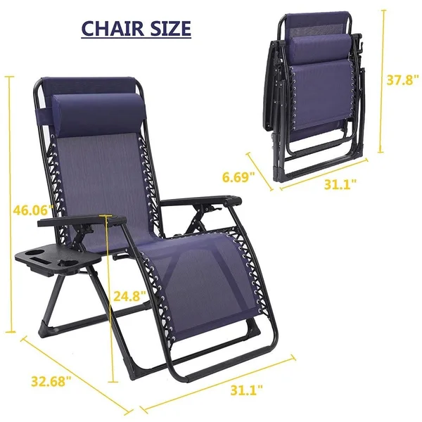 Outdoor Garden Patio Folding Lounge Chair with Pillow and Cup Holder - Navy Blue