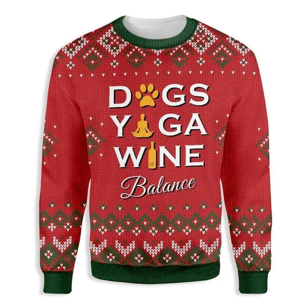 Sportyzen Dogs Yoga Wine Ugly Christmas Sweatshirt, L, All Print