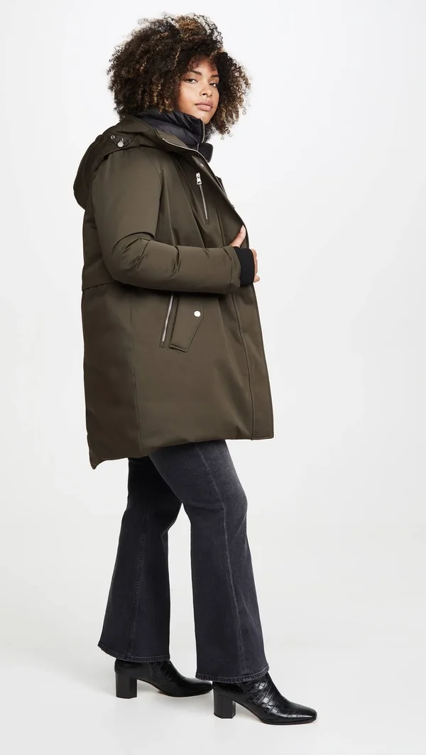 Soiau0026Kyo Belina Mid-Length Classic Down Coat with Puffy Bib - L, Army