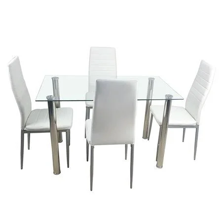 Dinner Table Set Tempered Glass Dining Table with 4pcs Chairs Dining Room Kitchen Furniture - Size: 3 x 27, White
