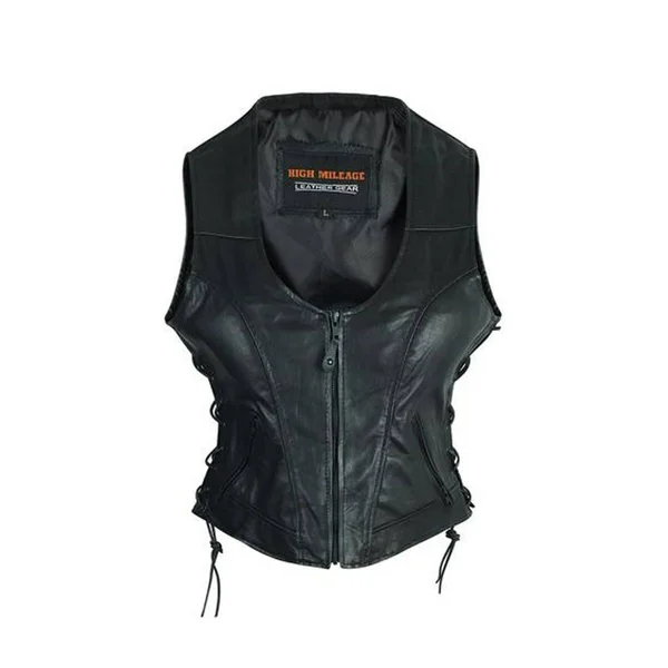 High Mileage HML1042 Womens Lady Biker Leather Motorcycle Vest Black XL