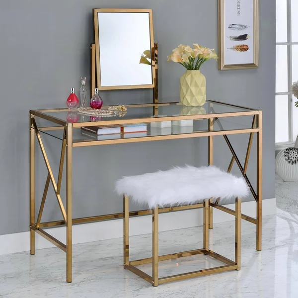 Furniture of America Nealon Contemporary Style Fur Bench Vanity Set