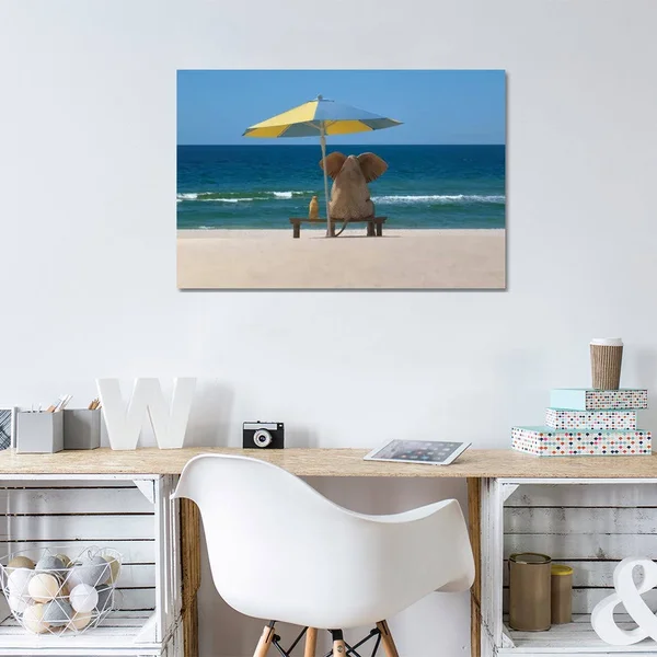 Elephant and Dog Sit Under An Umbrella on The Sea Beach Canvas Artwork Print by Mike Kiev ( Animal Art > wildlife > Elep