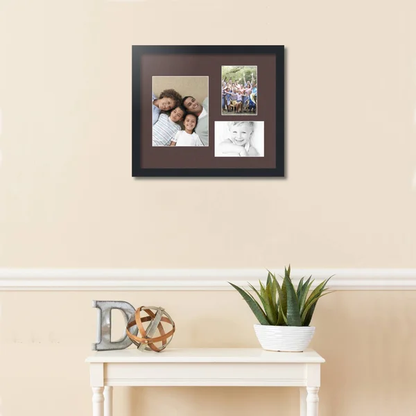Collage Picture Frame, Satin Black Frame with 3 openings for 8x10 Photos with Brown Peat Mat. D3926DN225, ArtToFrames