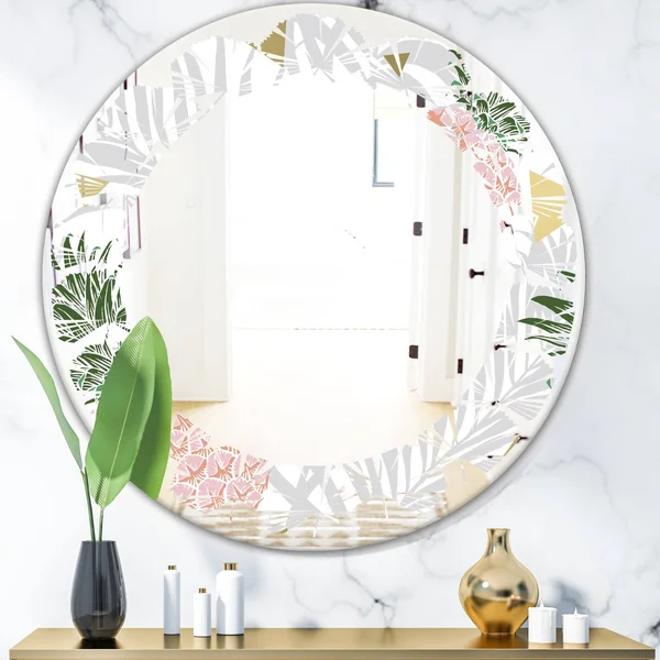 Designart 'Pineappple on Tropical Leaves' Modern Round or Oval Wall Mirror - Leaves - 24 in. Wide x 24 in. High