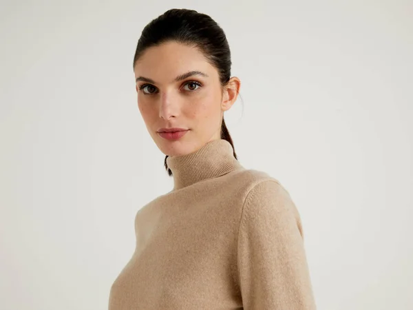 Benetton, Beige Turtleneck Sweater in Pure Merino Wool Customizable, Size M, Beige, Women