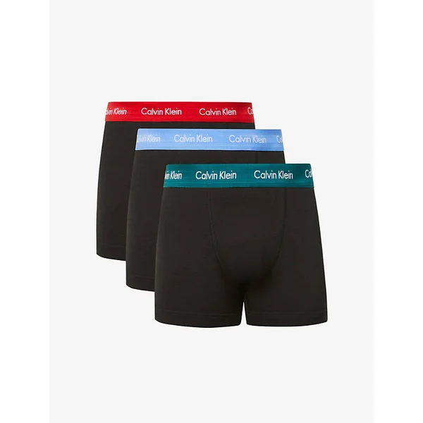 Calvin Klein Mens Blue/blue/rustic Logo-Print Pack of Three Stretch-cotton Trunks S
