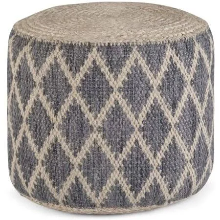 Simpli Home Edgeley Round Pouf - Footstool, Upholstered in Grey, Natural Woven Braided Jute and Cotton, for The Living Room, Bedr