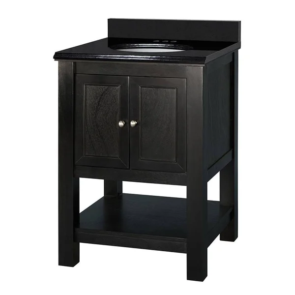 Home Decorators Collection Gazette 25 in. W x 22 in. D Bath Vanity in Espresso with Granite Vanity Top in Midnight Black with Ov
