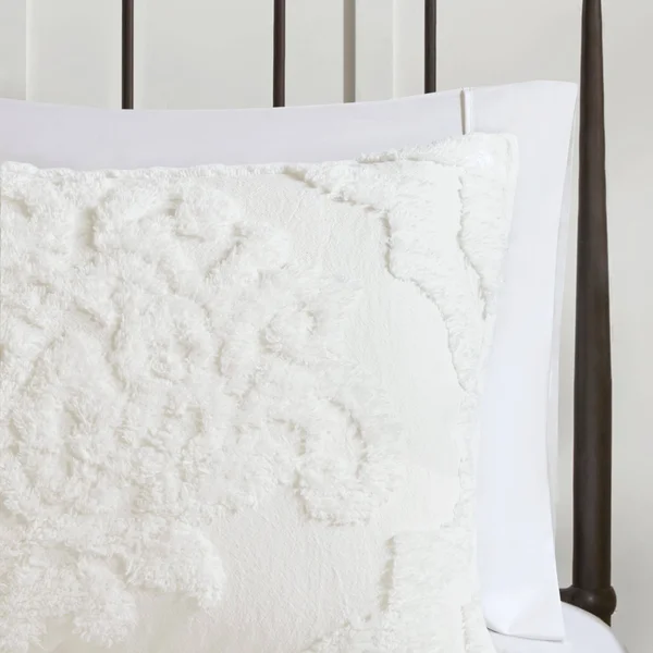 Madison Park - Viola 3 Piece Tufted Cotton Chenille Damask Comforter Set - White - Full/Queen